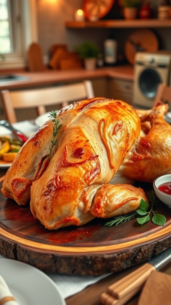 Golden-brown air fryer turkey breast garnished with herbs, served with roasted vegetables and cranberry sauce.